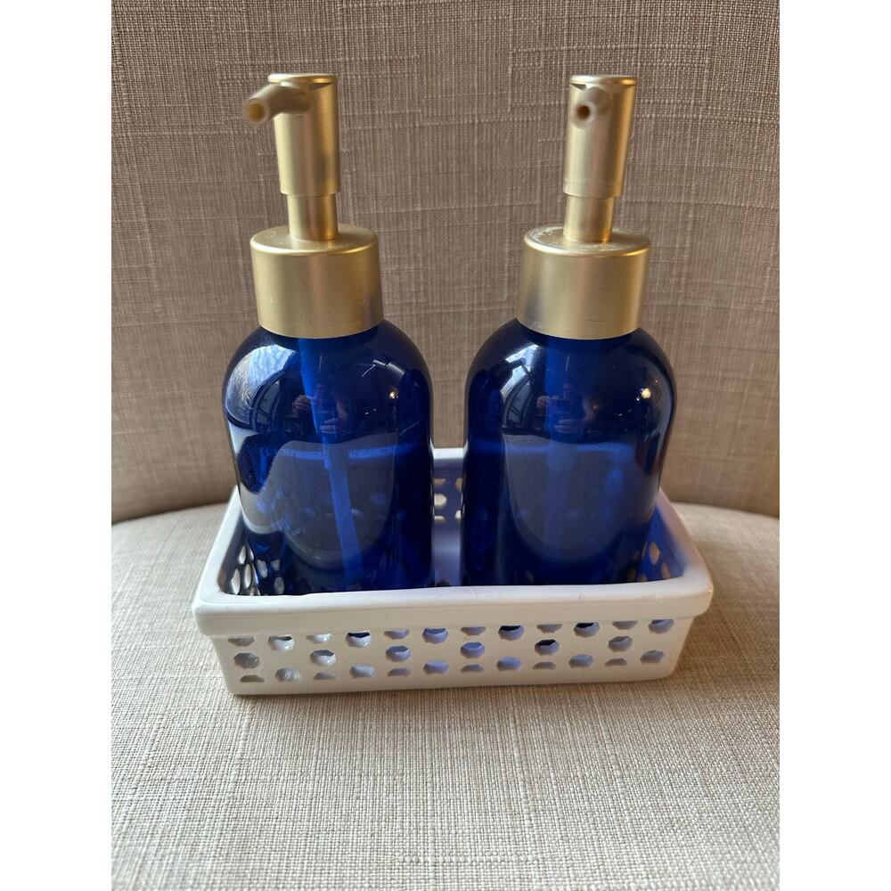 Anthropologie Blue Soap & Lotion Dispenser with Tray - EMPTY